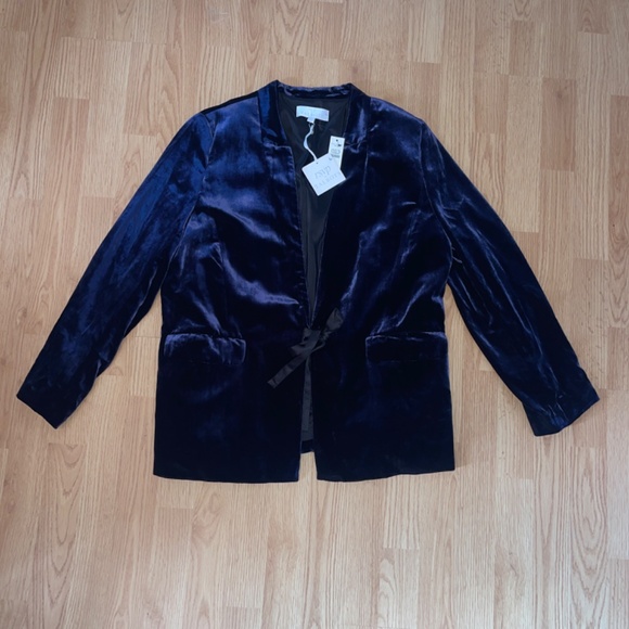 NWT RSVP Talbots Indigo Blue Velvet V Neck Front Tie Blazer Jacket Size 14P - Picture 2 of 9